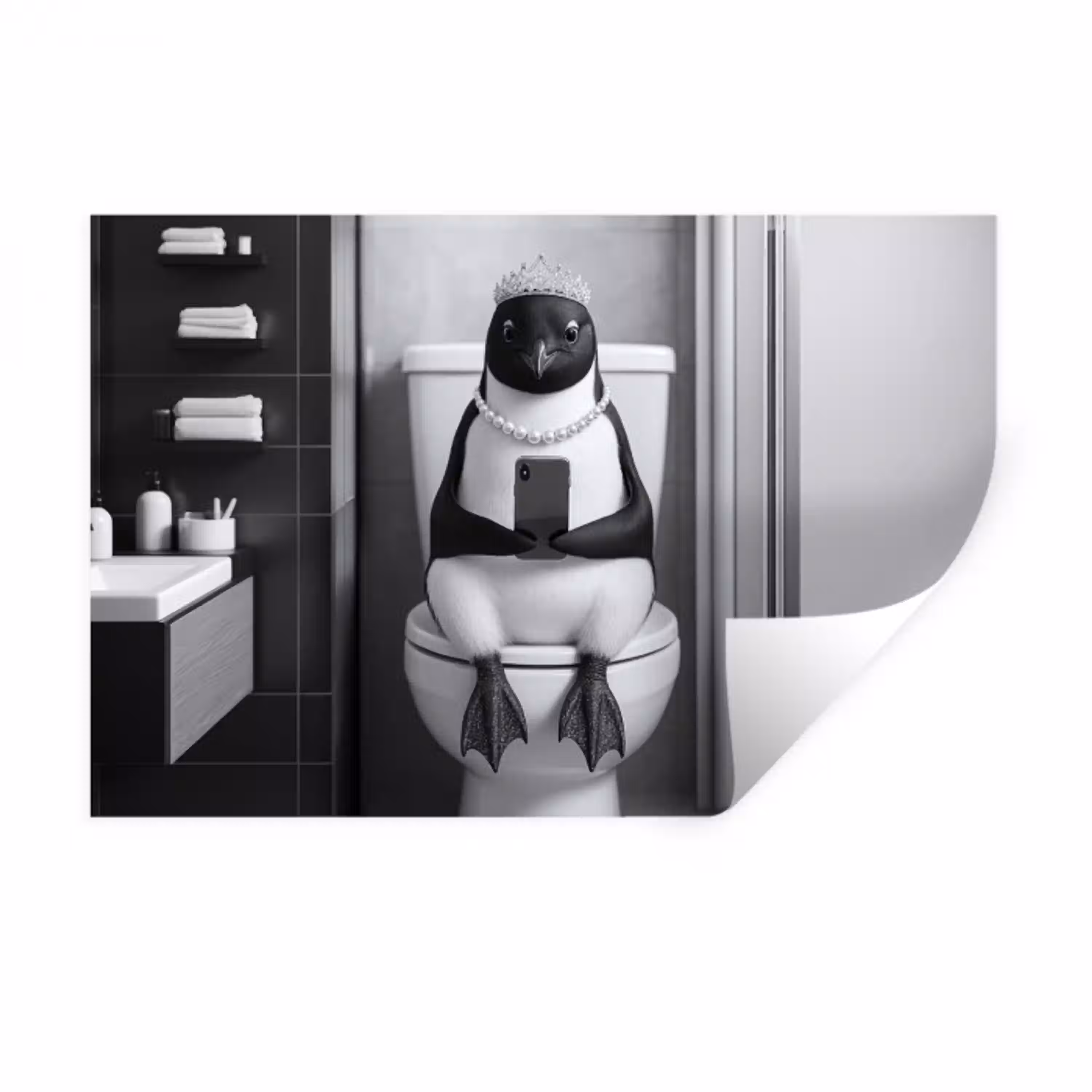 Pinguïn - Telefoon - Toilet - Zwart - Wit Muursticker klein -3d