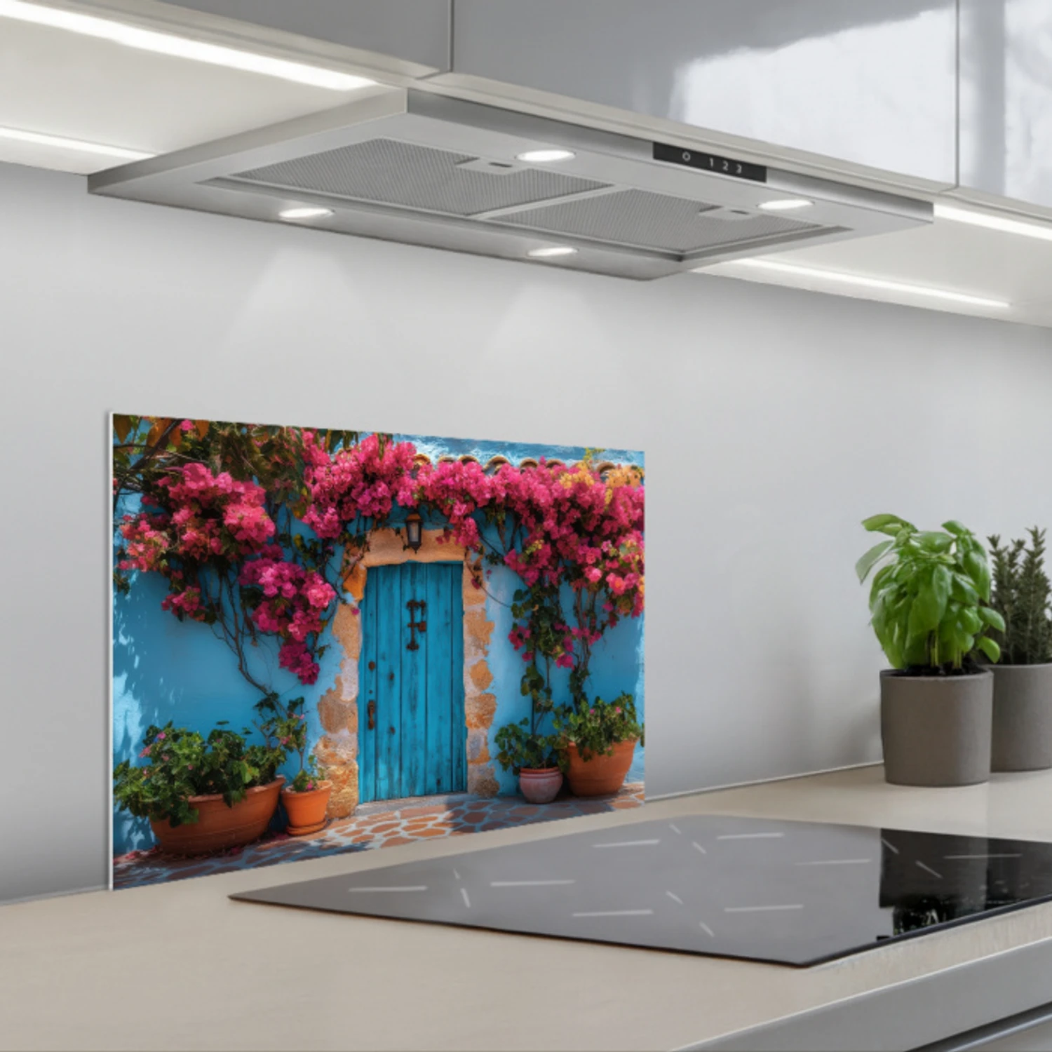 Deur - Hout - Bloemen - Blauw keuken achterwand spatscherm klein -3d_schuin