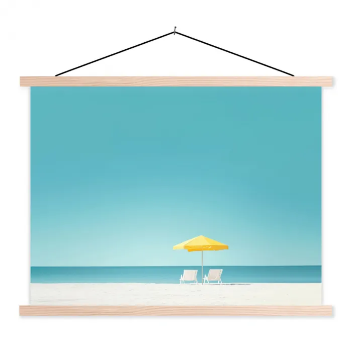Strand - Blauwe lucht - Geel - Parasol textielposter latten blank klein -3d