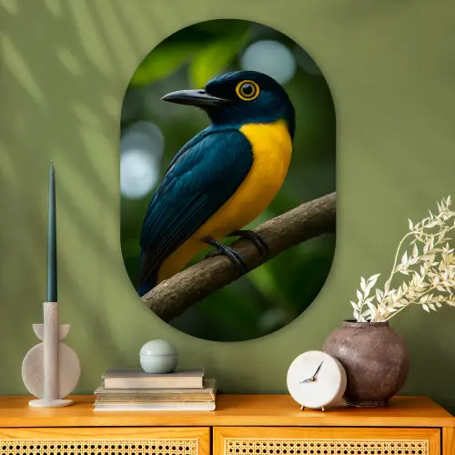 Vogel - Tak - Geel - Bladeren Wandcirkel Ovaal Glas middel -sfeer2