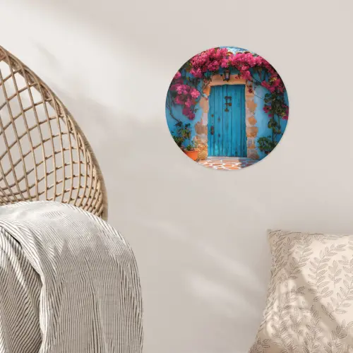 Deur - Hout - Bloemen - Blauw Wandcirkel behangsticker klein -sfeer4