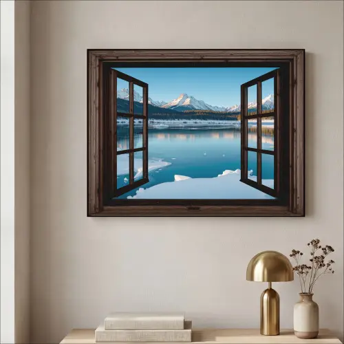 Doorkijk - Winterlandschap - Meer - Bergen - Uitzicht Textielframe zwart klein -sfeer2