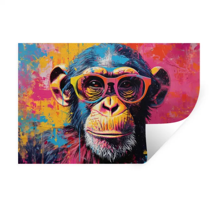 Graffiti - Chimpansee - Aap - Bril - Kleurrijk Muursticker klein -3d