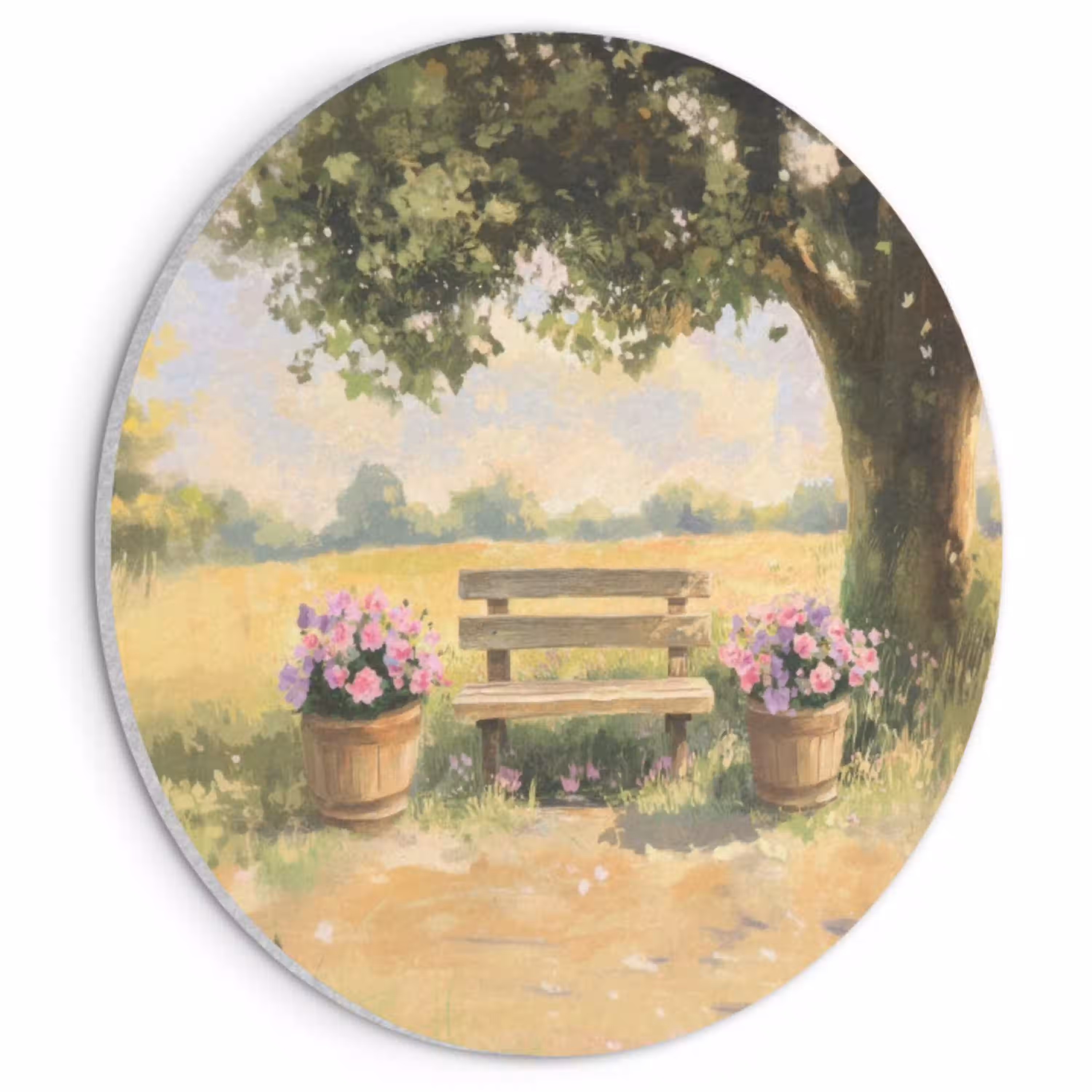 Houten bankje - Bloempotten - Landschap Akoestische PET Vilt - Rond klein -3d