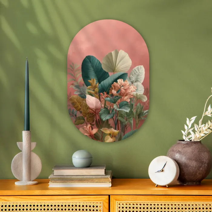 Tropische bladeren - Bloemen - Roze - groen Wandcirkel Ovaal Forex klein -sfeer2