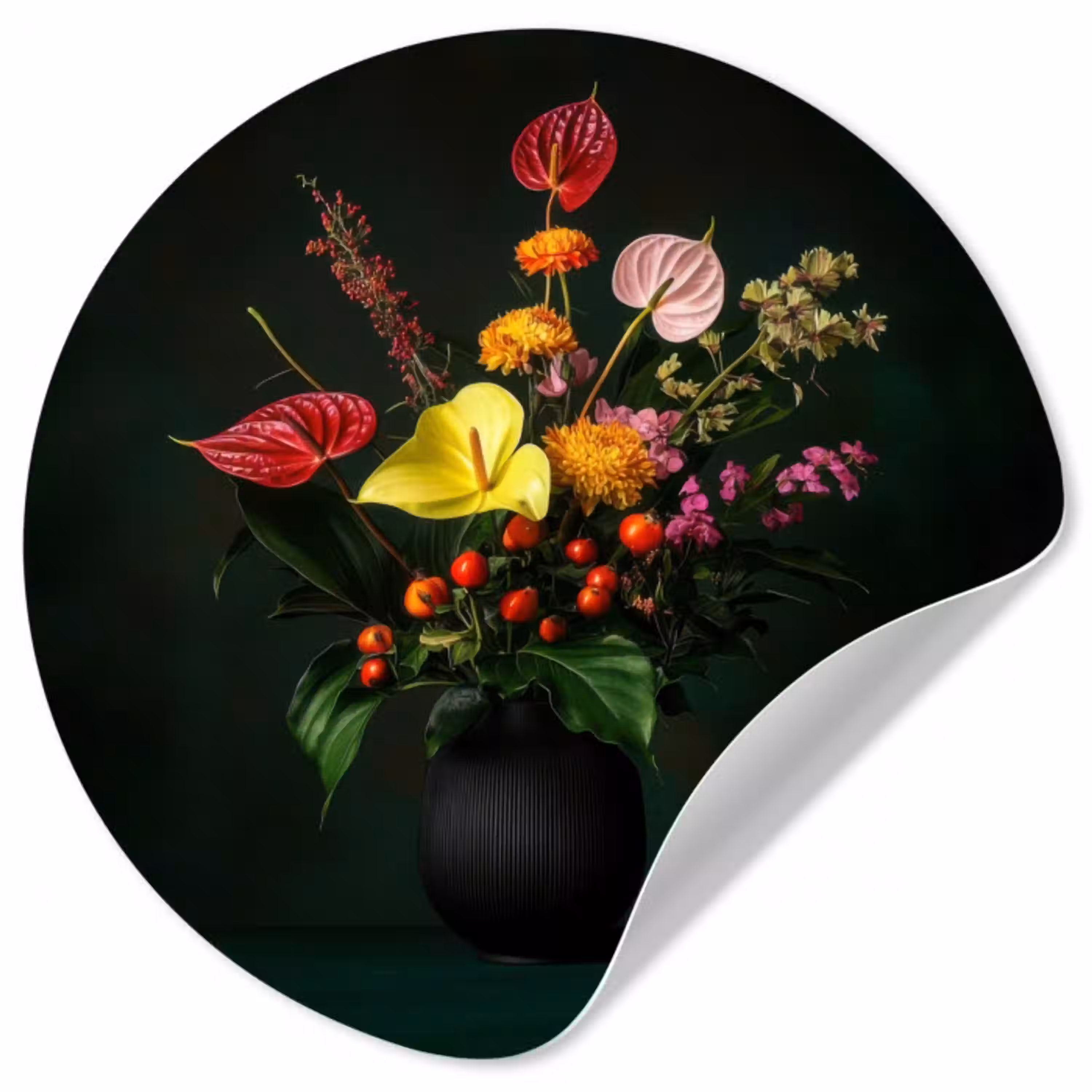 Bloemen - Vaas - Zwart Wandcirkel behangsticker klein -3d