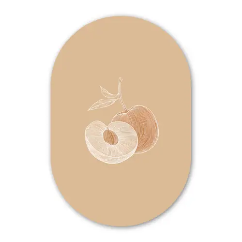Perzik - Lijntekening - Pit - Beige Wandcirkel Ovaal Glas middel -3d