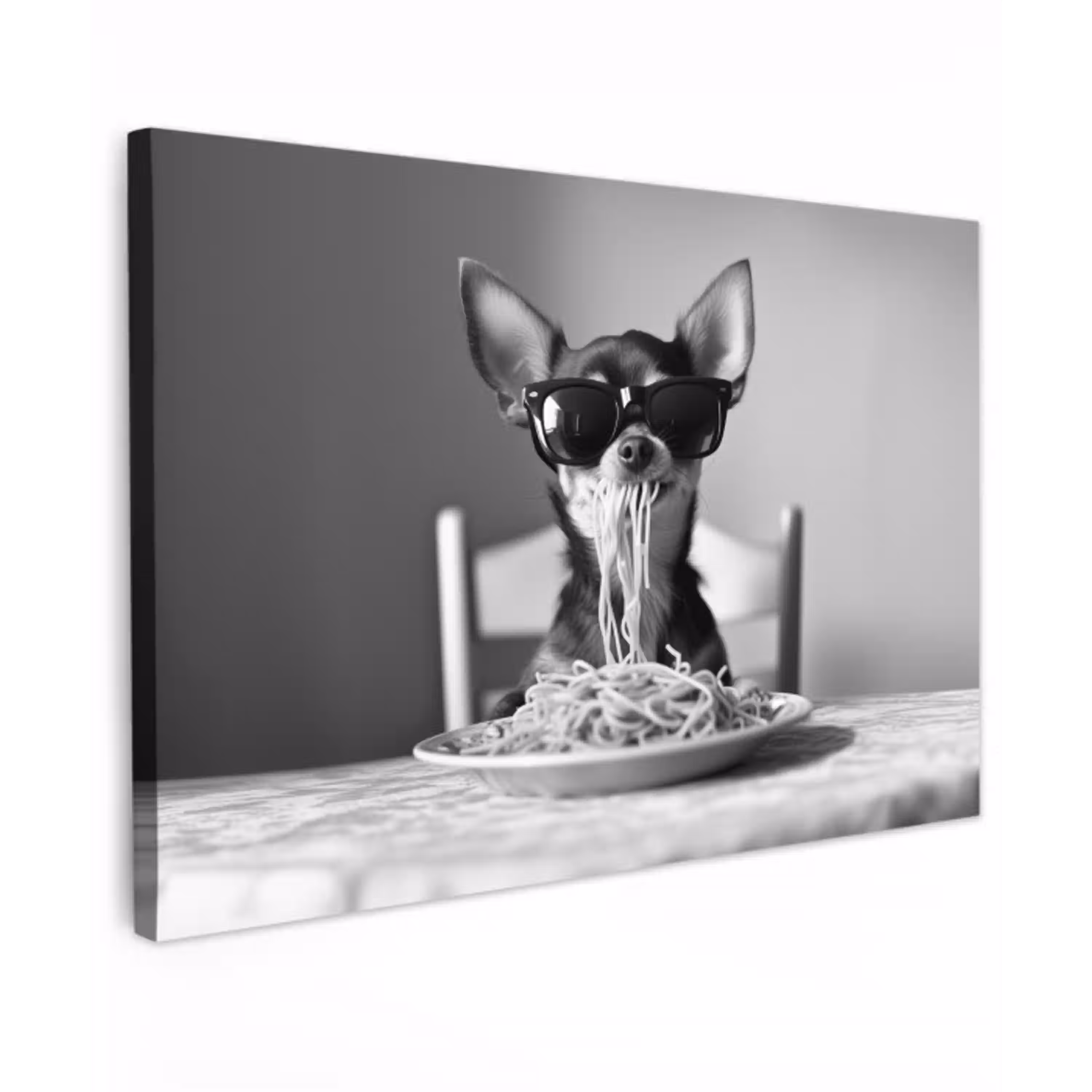 Chihuahua - Hond - Zonnebril - Humoristisch - Zwart - Wit - Spaghetti Tuinposter op houten frame 2 cm dik klein -3d