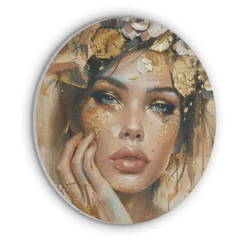 Vrouw - Bloemen  - Goud - Portret Akoestische PET Vilt - Rond klein -3d