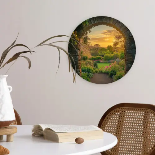 Poort - Planten - Zonsondergang Wandcirkel kunststof plaat 5mm dik klein -sfeer4