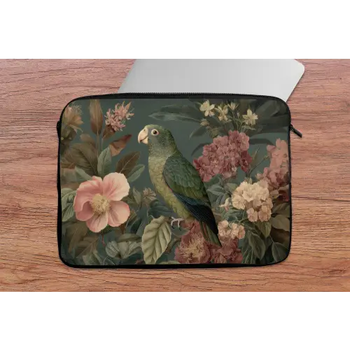 Groene papegaai - Kleurrijke bloemen - Donkere achtergrond laptophoes neopreen klein -tafel