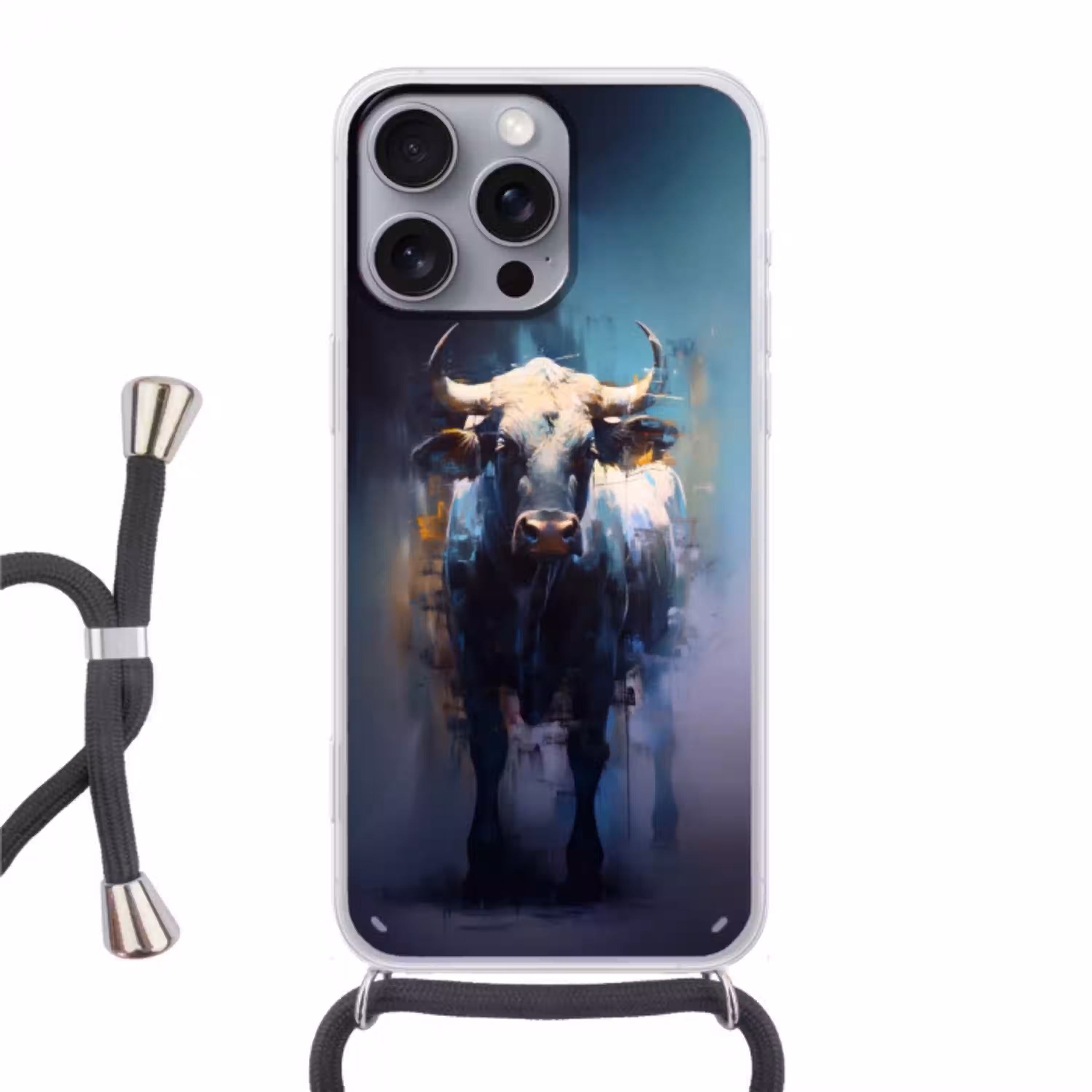 Stier - Zwart - Abstract - Horens Hoesje iPhone 16 Pro Max met koord klein -3d