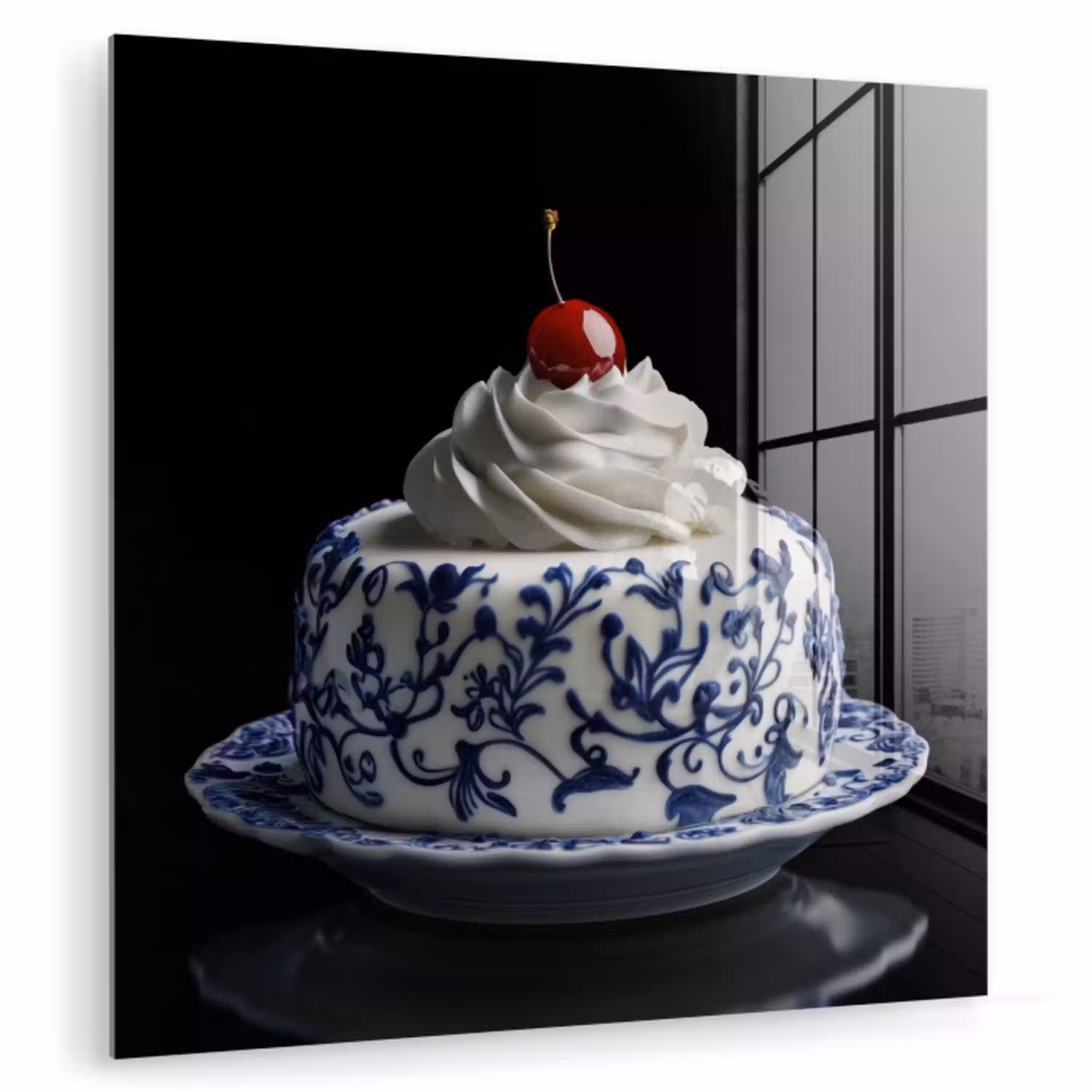 Taart - Slagroom - Kers - Bord - Delfts blauw plexiglas 5mm klein -zzzproduct_nieuw