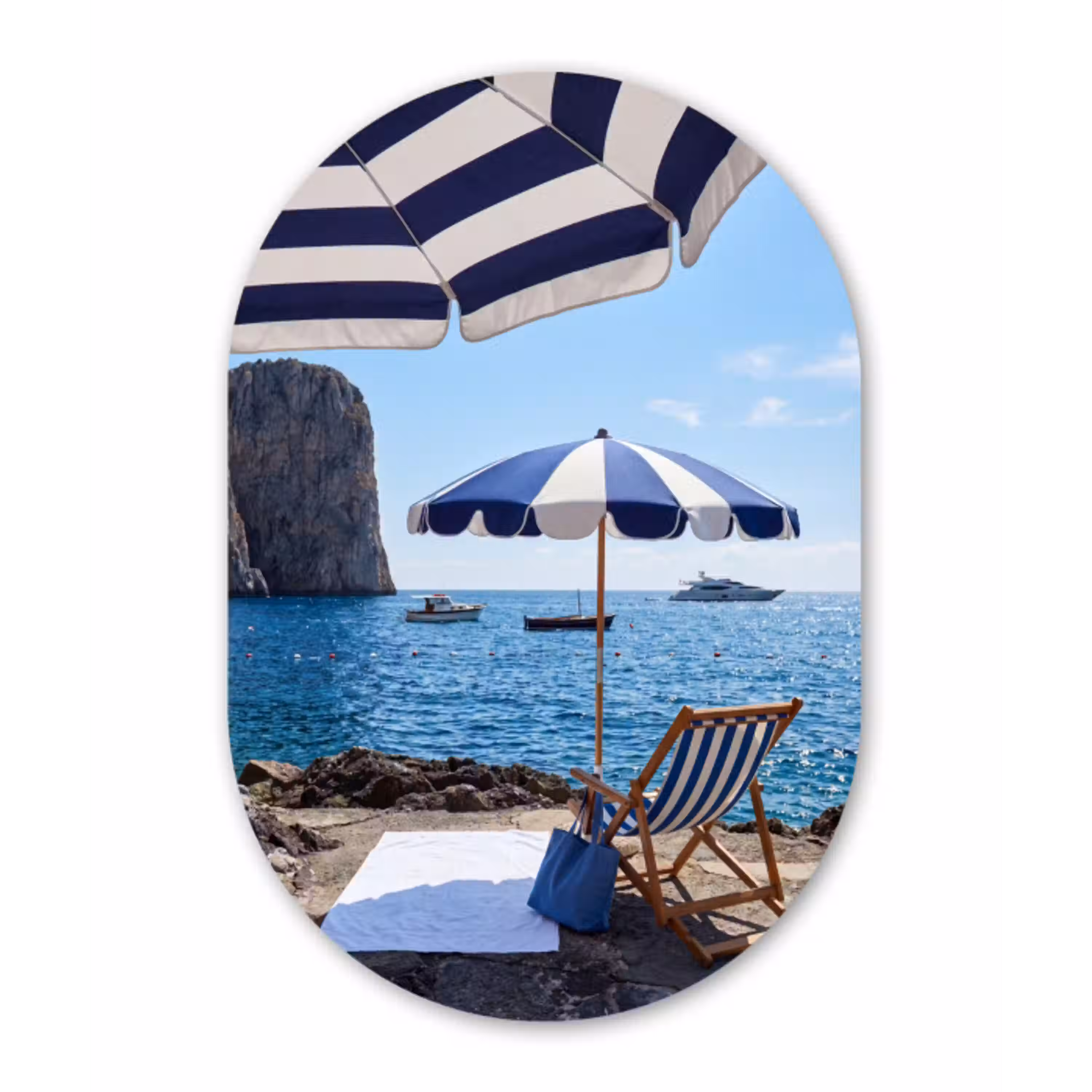 Strand - Ligstoel - Parasol - Zomer - Blauw Wandcirkel Ovaal Aluminium middel -3d