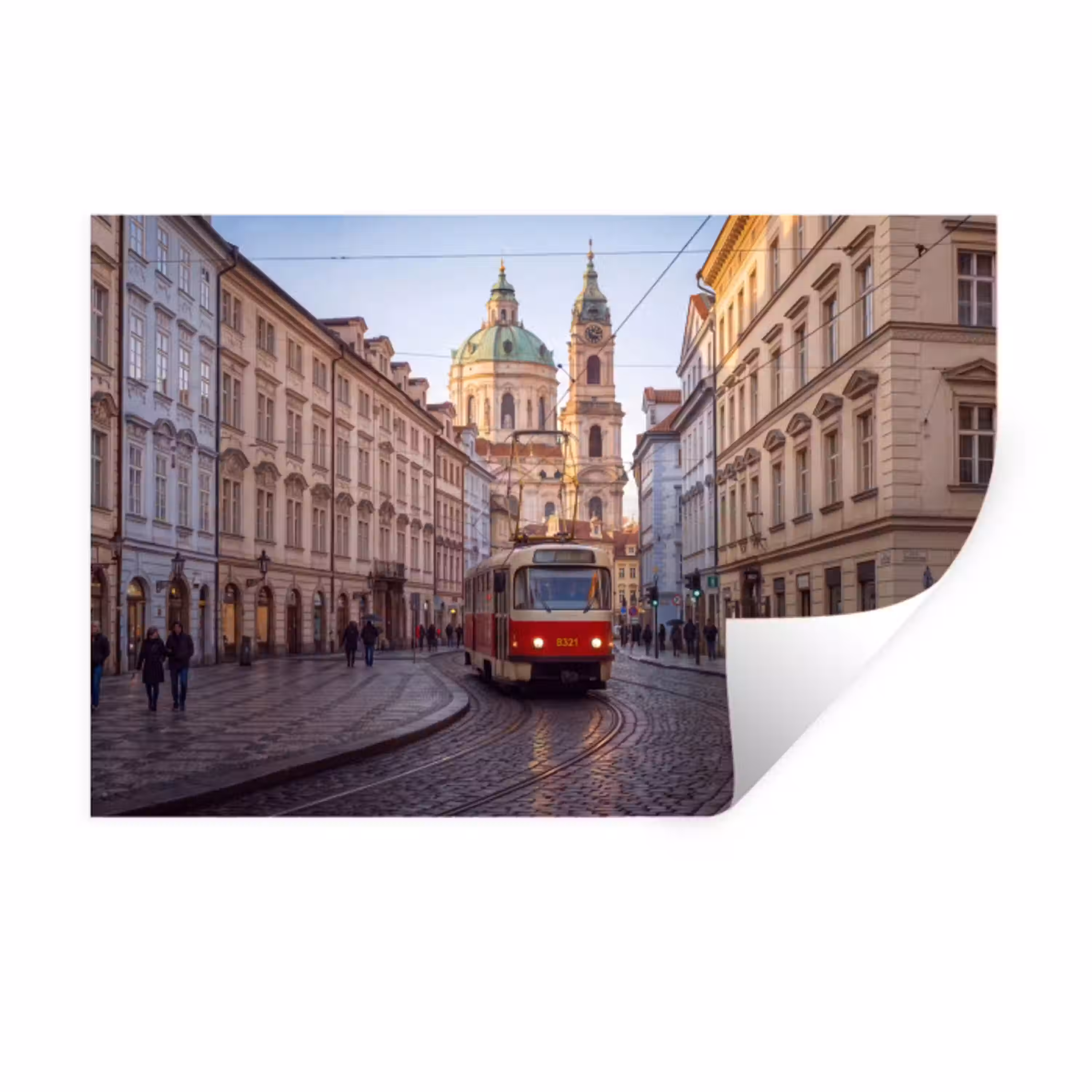 Tram - Straat - Stadsgezicht - Klassiek - Rood Muursticker klein -3d