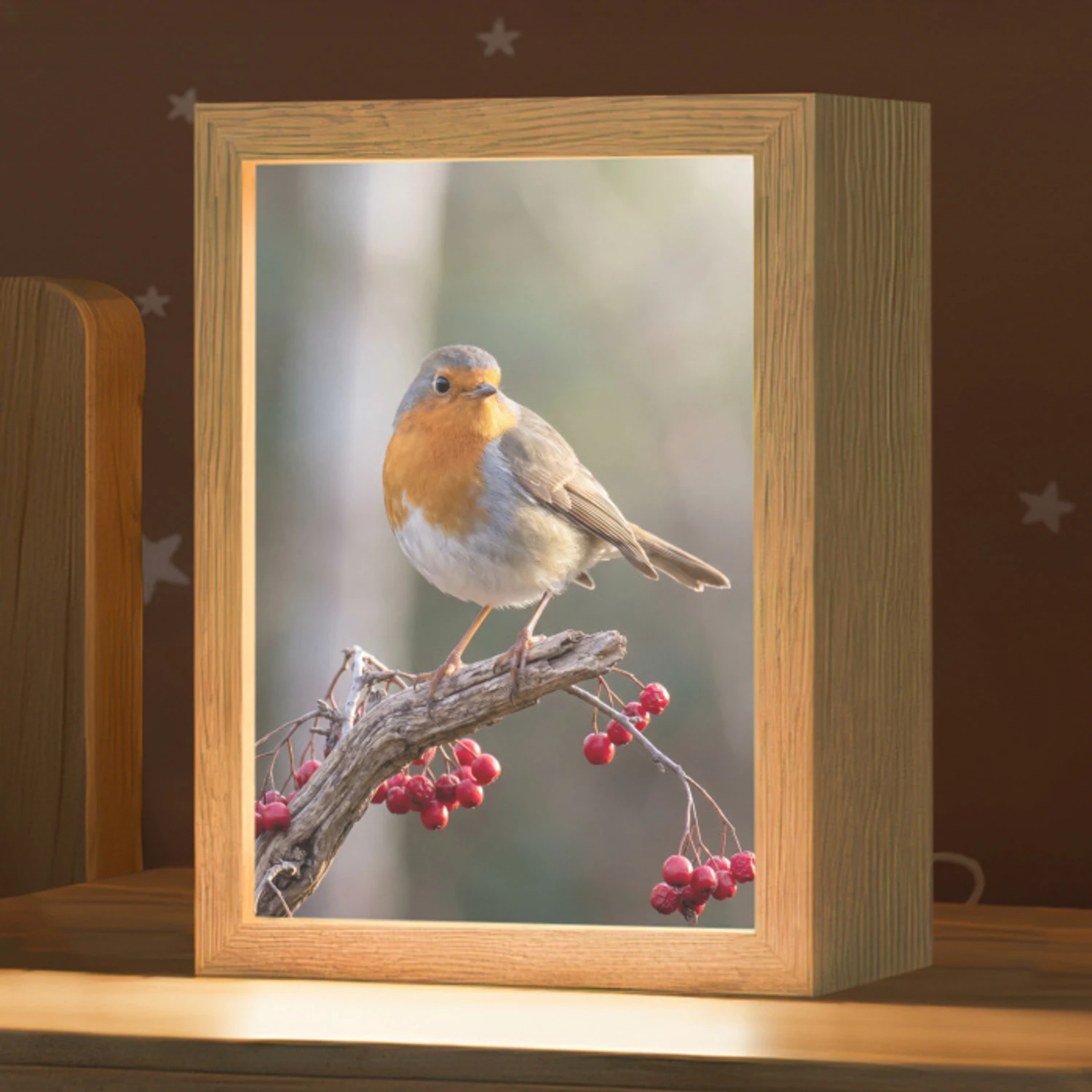 Roodborst - Tak - Bessen - Natuur Light Box met kabel (Kinderlampje) klein -zzz_3d_website