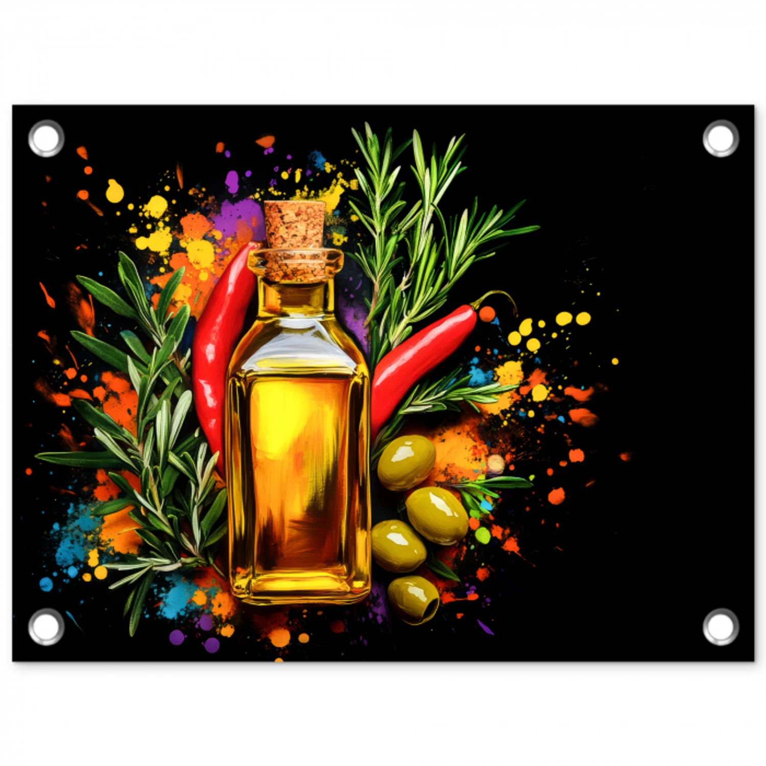 Olijfolie - Graffiti - Peper - Olijven - Modern tuinposter los doek klein -3d