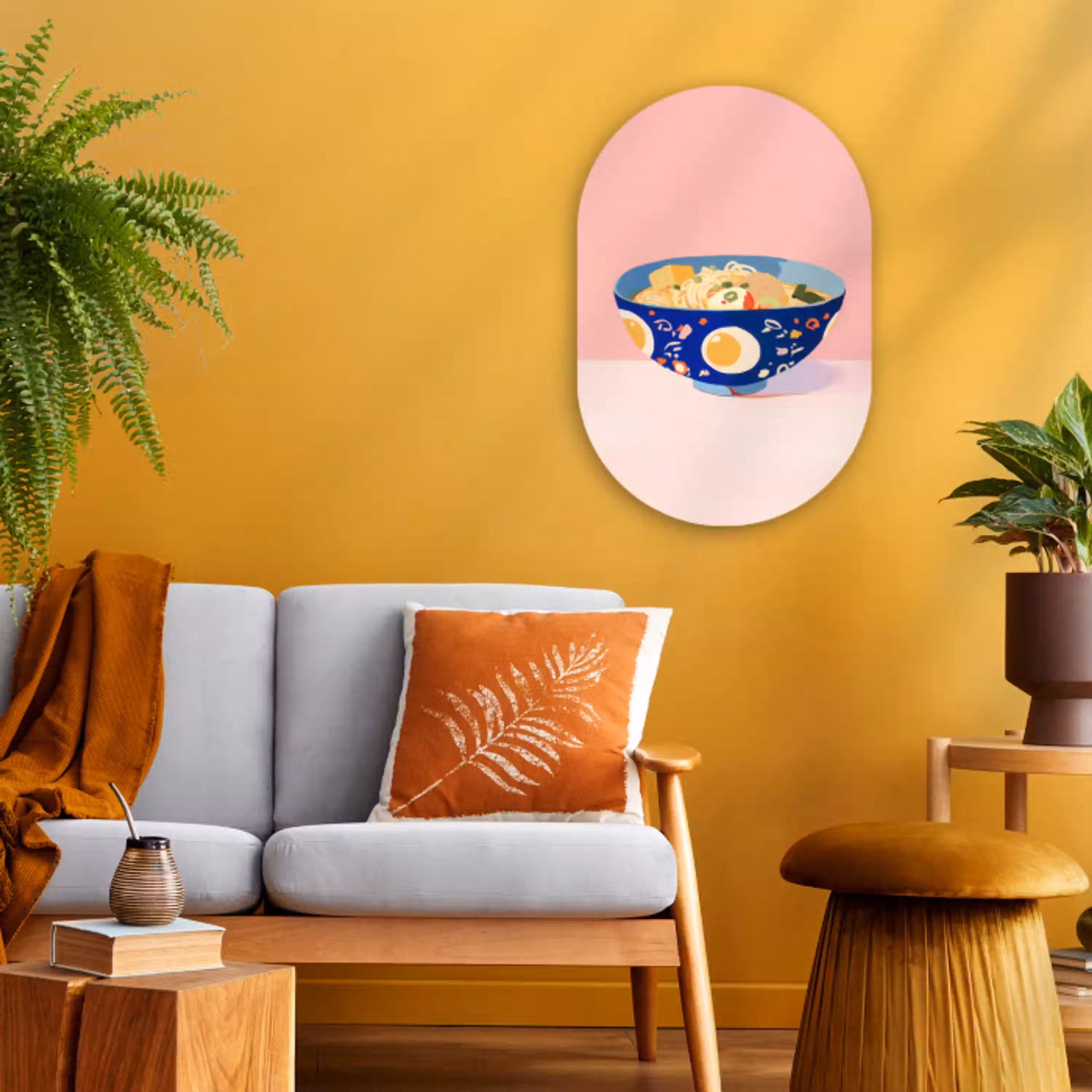 Noodles - Kom - Blauw - Illustratie Wandcirkel Ovaal Forex klein -sfeer4