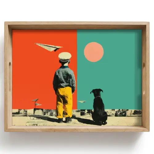 Retro - Jongen - Hond - Rood - Groen Dienblad Rechthoek middel -z3d_shopping