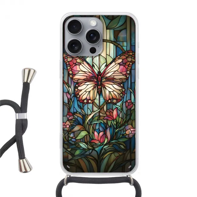 Telefoonhoesje met koord - Vlinder - Roze - Bloemen - Bladeren