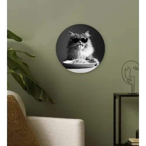 Langharige kat - Zonnebril - Spaghetti - Humor - Zwart - wit Wandcirkel plexiglas klein -sfeer3