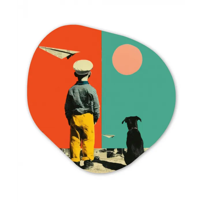 Retro - Jongen - Hond - Rood - Groen Wandcirkel Organisch Forex 3mm klein -3d