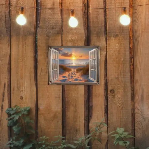 Doorkijk - Strand - Duinen - Zonsondergang tuinposter los doek klein -sfeer1