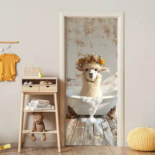 Vintage - Alpaca - Badkuip - Bloemen - Dieren deurposter klein -sfeer4