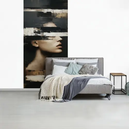 Gezicht - Vrouw - Zwart - Abstract fotobehang vinyl groot -slaapkamer