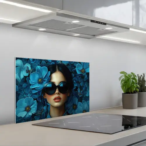 Vrouw - Bloemen - Blauw - Aesthetic - Luxe keuken achterwand spatscherm klein -3d_schuin