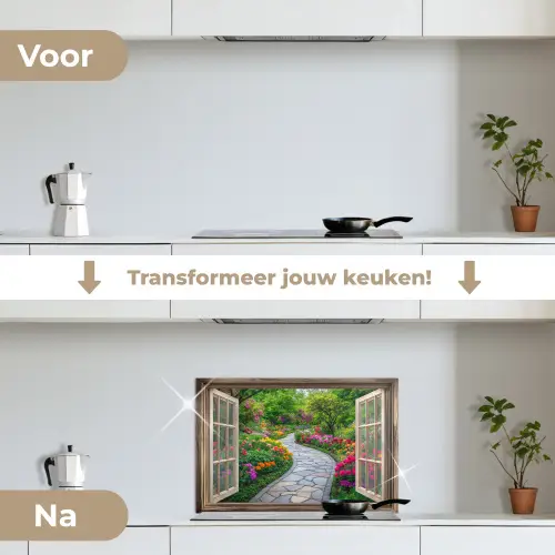 Doorkijk - Bloemen - Tuinpad - Natuur - Raam keuken achterwand spatscherm klein -voor_na_NL