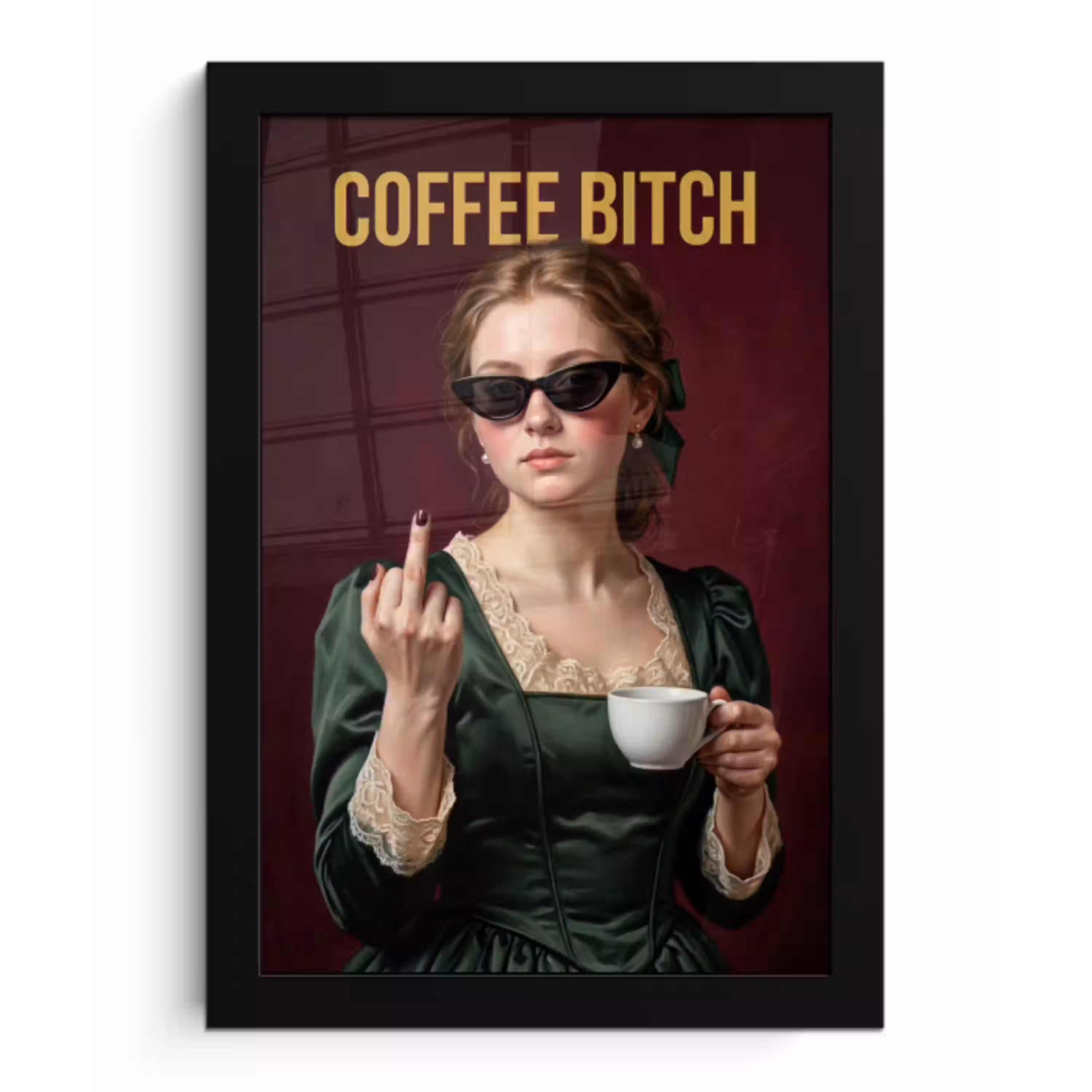 Koffie - Vrouw - Middelvinger fotolijst zwart zonder passe partout klein -3d