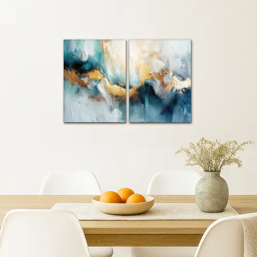 Blauw - Abstract - Wit - Goud - Verf Canvas - Meerluiken 2 luik klein -sfeer4