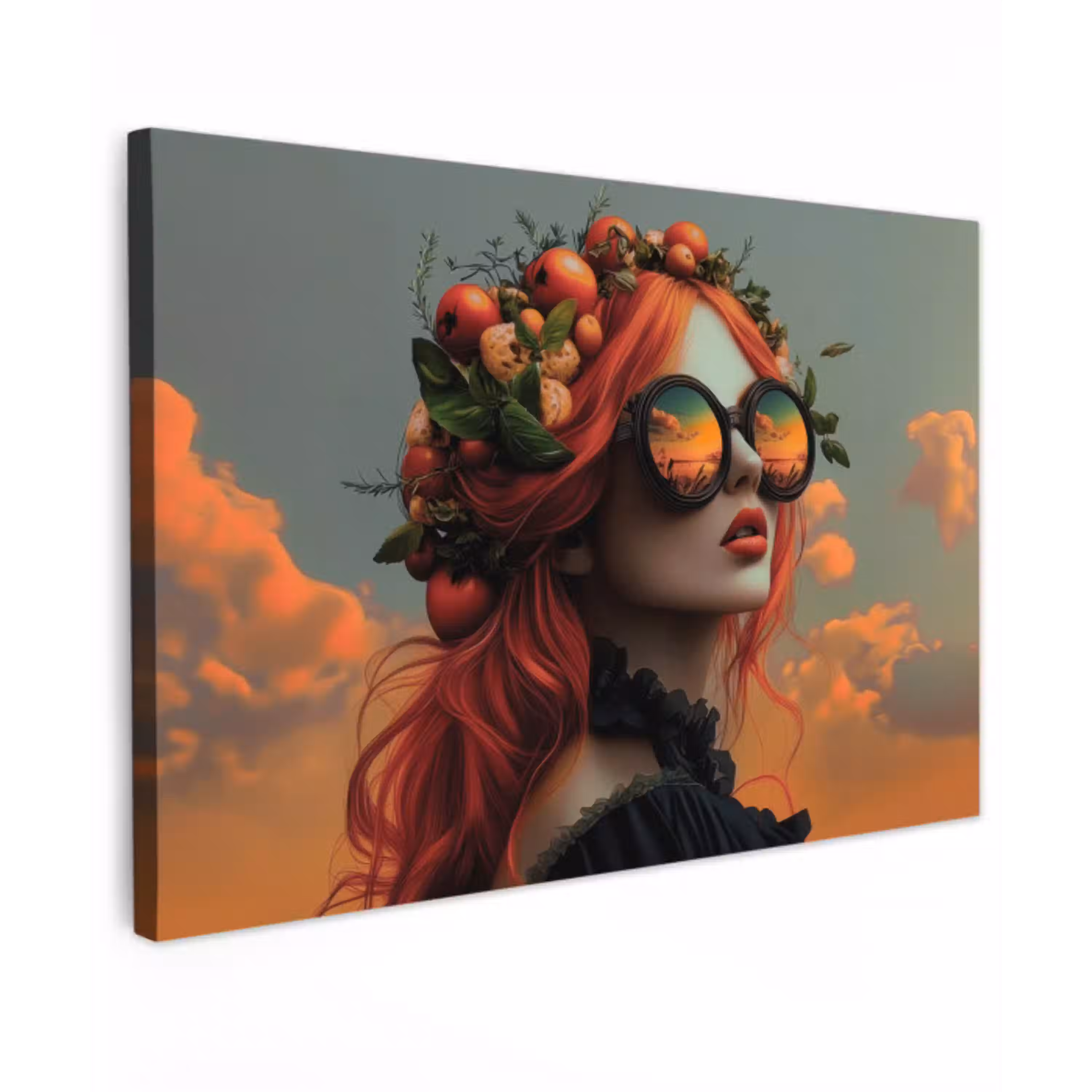 Vrouw - Kroon - Tomaat - Bascilicum - Zonnebril Tuinposter op houten frame 2 cm dik klein -3d