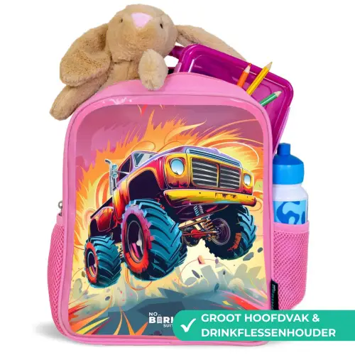 Roze Monstertruck Vliegt over het Asfalt Kinderrugzak - Roze middel -inhoud_NL