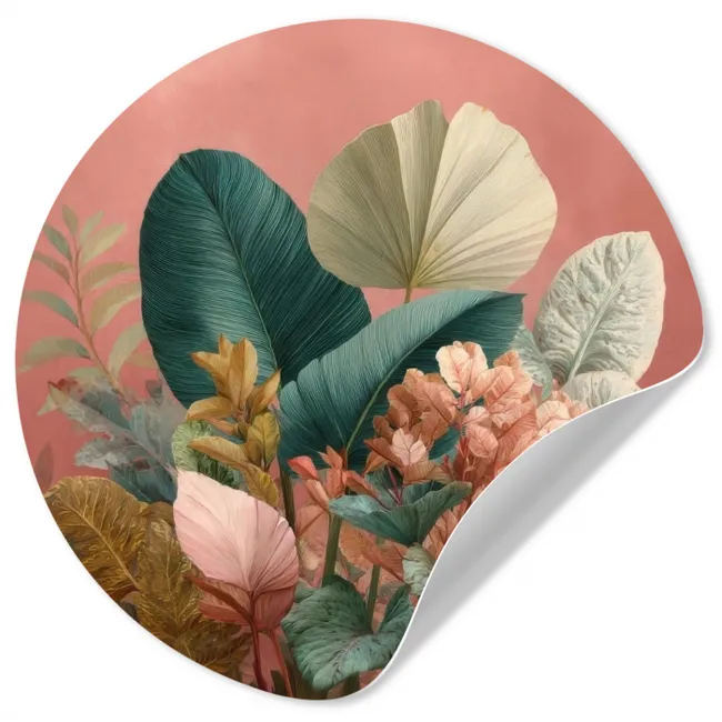 Behangcirkel - Tropische bladeren - Bloemen - Roze - groen