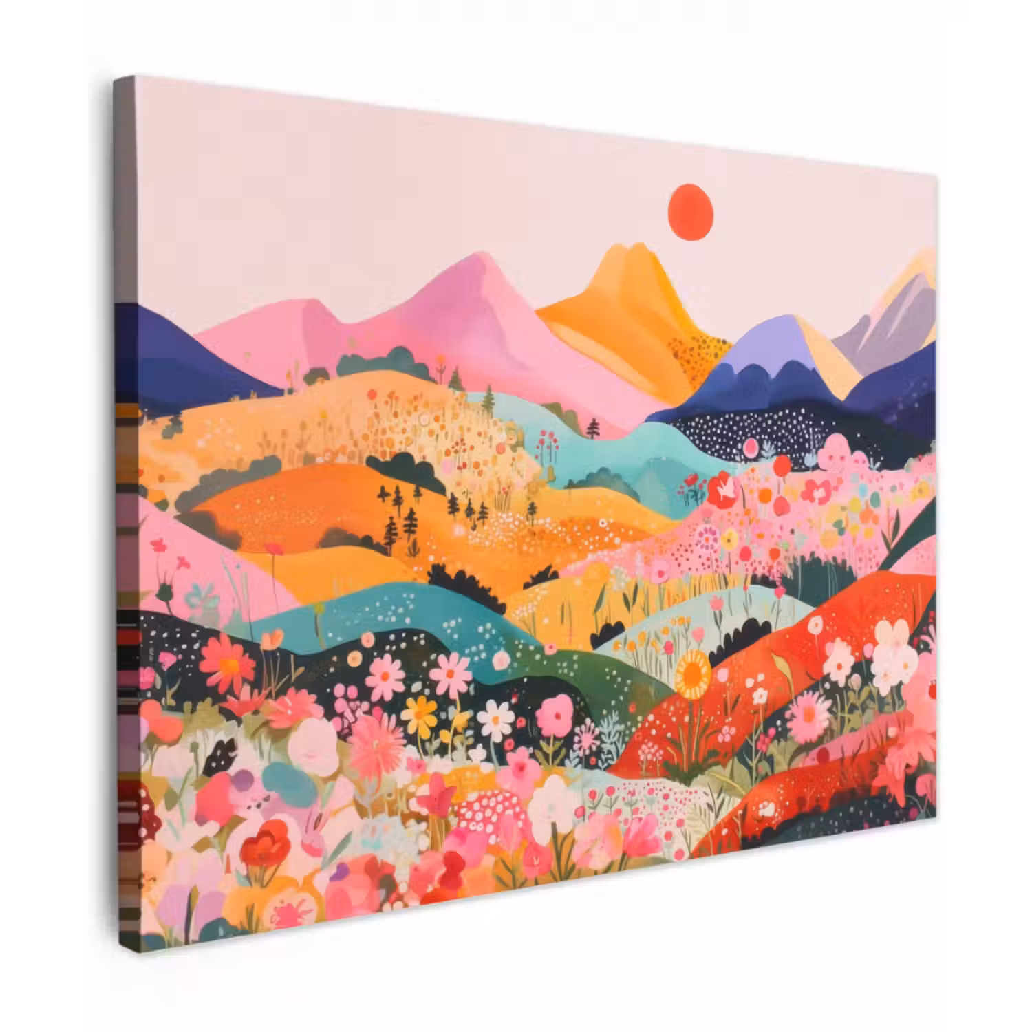 Leinwandbild - Bunte Blumen - Berge - Fantasielandschaft