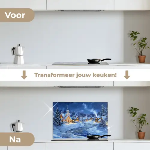 Winteravond - Kerstdorp - Donker keuken achterwand spatscherm klein -voor_na_NL
