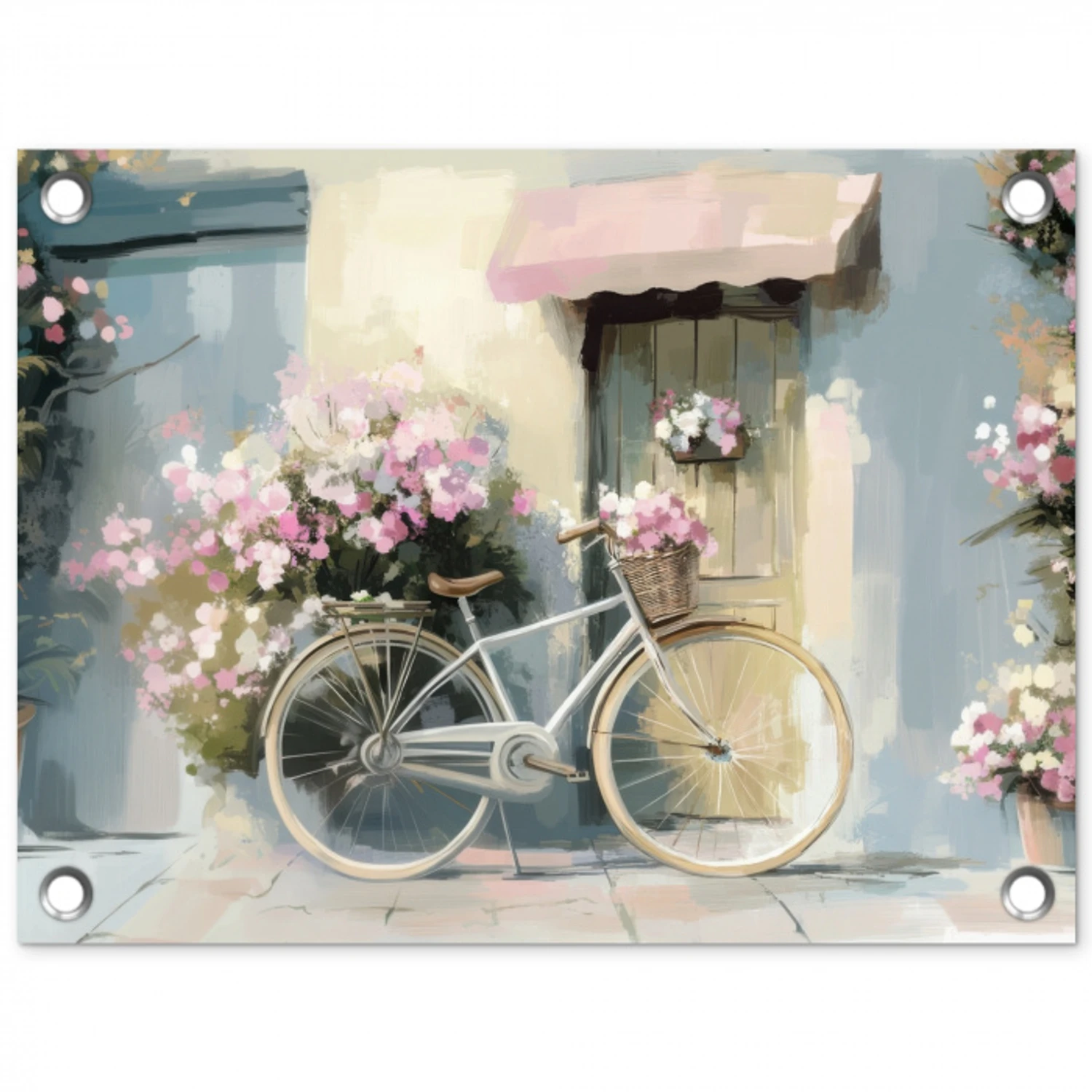 Fiets - Pastelkleuren - Bloemen tuinposter los doek klein -3d