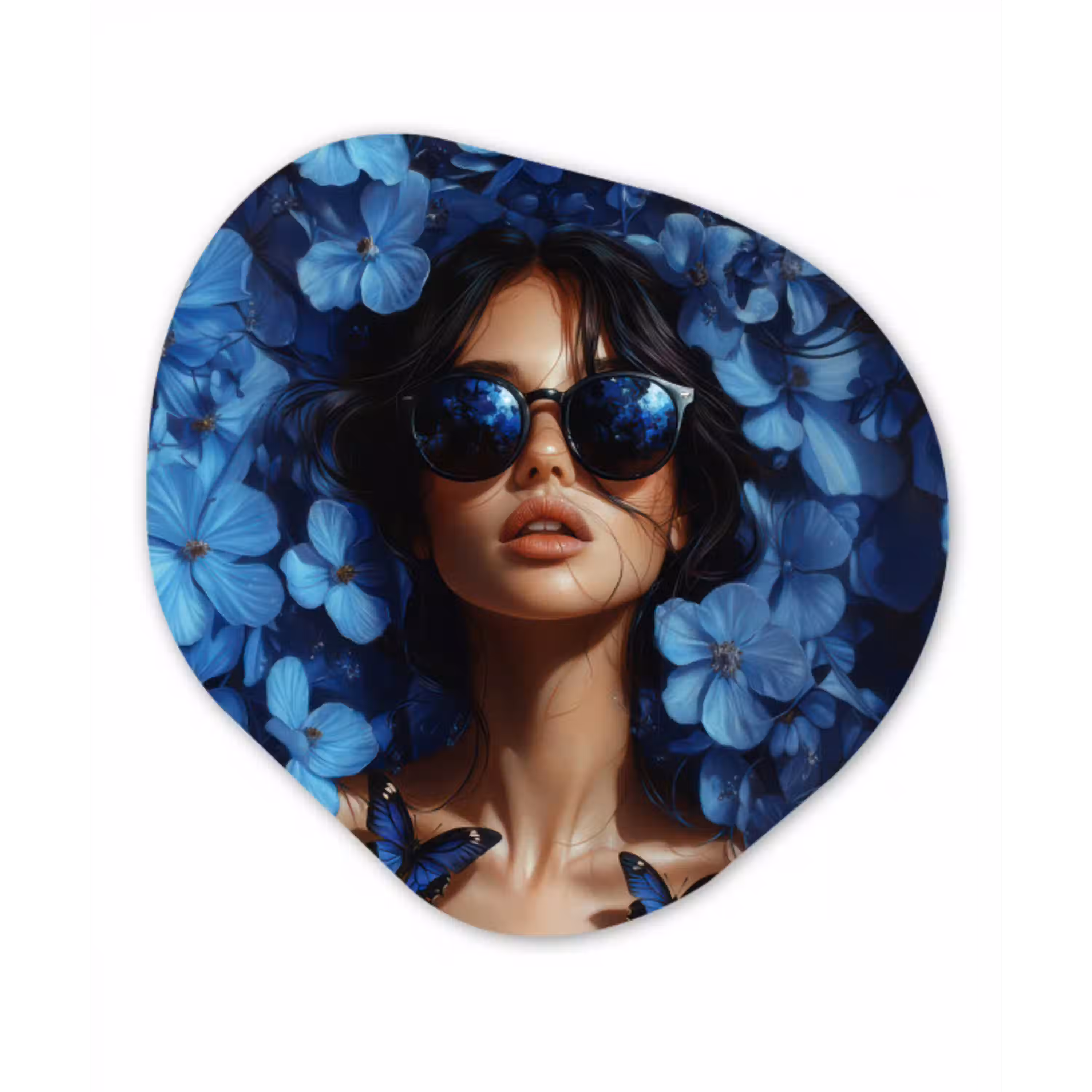 Vrouw - Blauw - Bloemen - Vlinders - Natuur Wandcirkel Organisch Plexiglas middel -3d