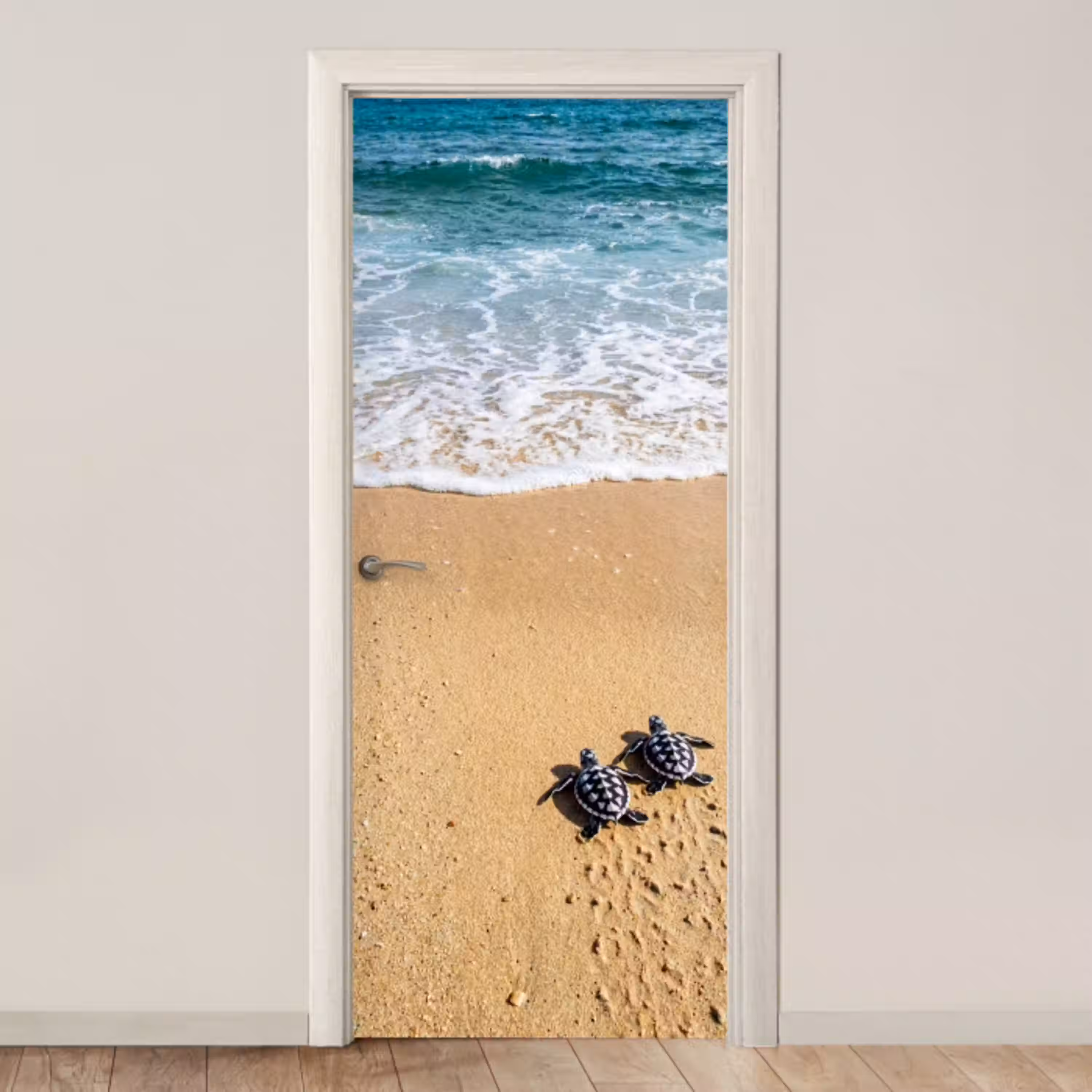 Schildpad - Jong - Strand - Oceaan - Blauw deurposter klein -3d_beige