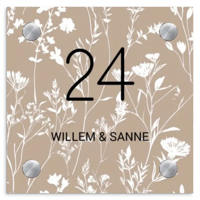 Beige bloemmotief - Klassiek Naambord Vierkant klein -3d