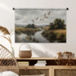 Eenden - Rivier - Landschap - Vlucht - Nostalgisch Wandkleed katoen middel -sfeer5