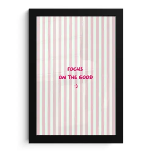 Focus on the good - Strepen - Roze - Smiley fotolijst zwart zonder passe partout klein -3d