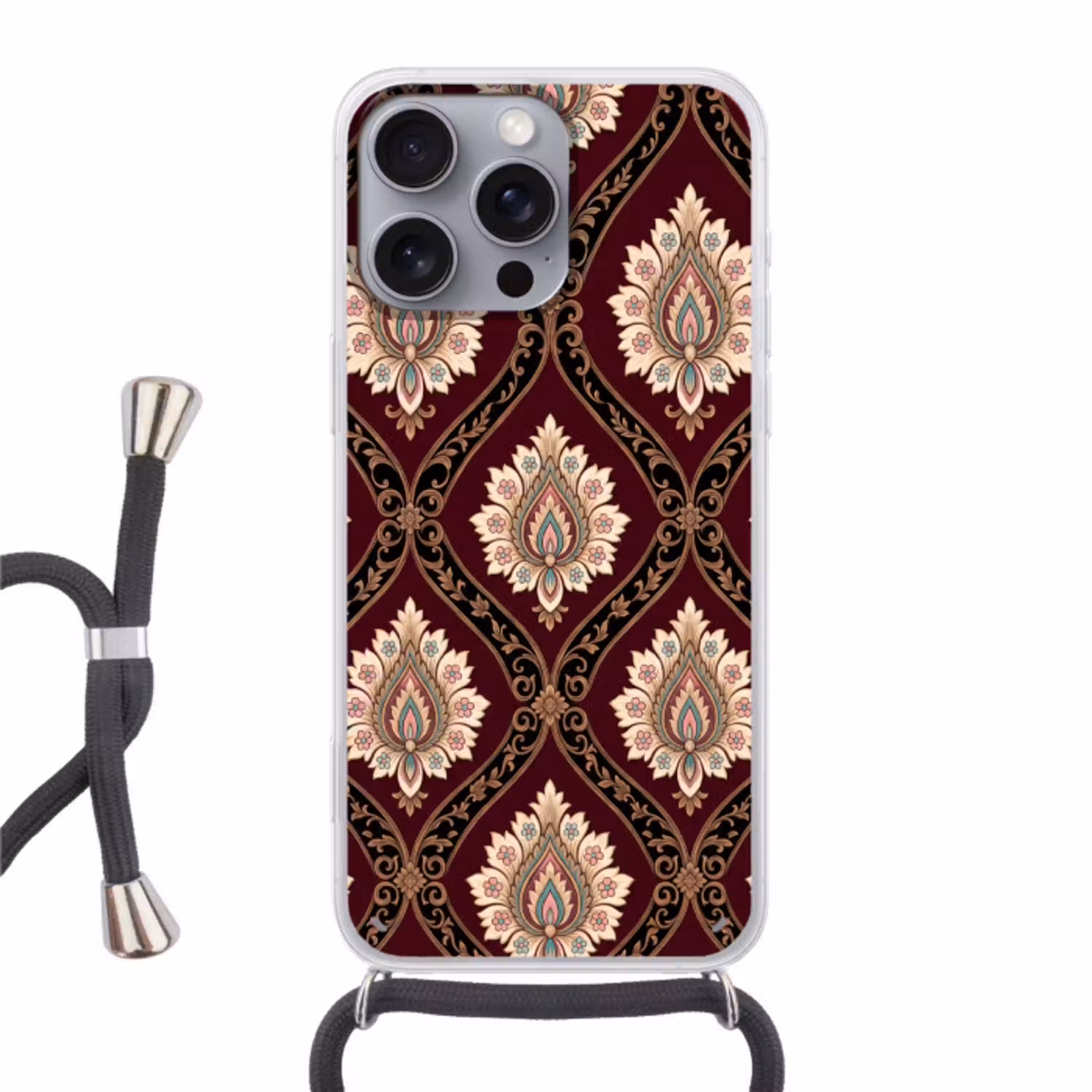 Patroon - Bloemmotief - Decoratie - Klassiek - Rood Hoesje iPhone 16 Pro Max met koord klein -3d
