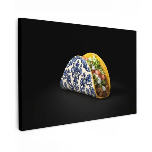 Taco - Vlees - Salade - Delftsblauw - Motief Tuinposter op houten frame 2 cm dik klein -3d