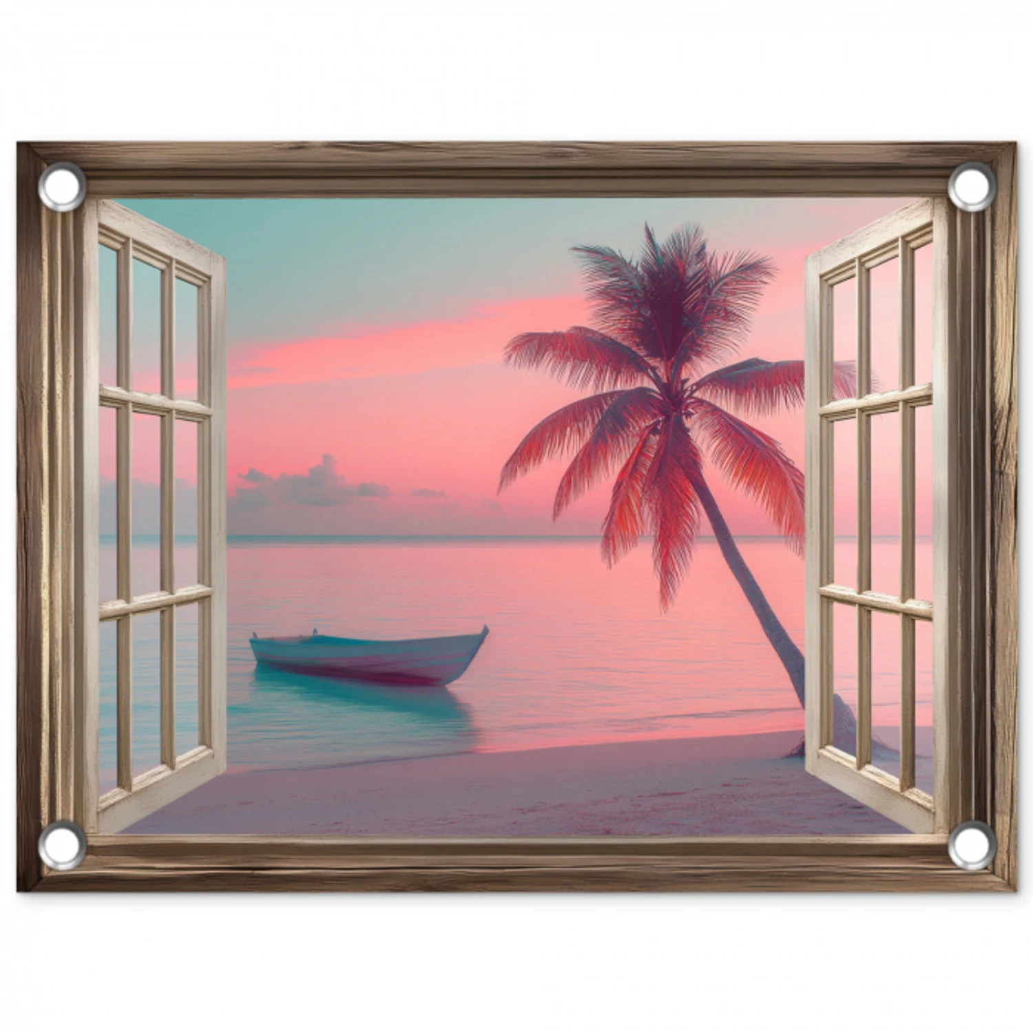 Doorkijk - Strand - Palmboom - Tropisch tuinposter los doek klein -3d
