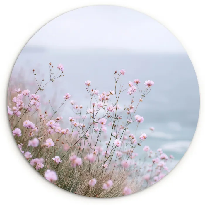 Klif - Bloemen - Zee - Roze Wandcirkel kunststof plaat 5mm dik klein -3d