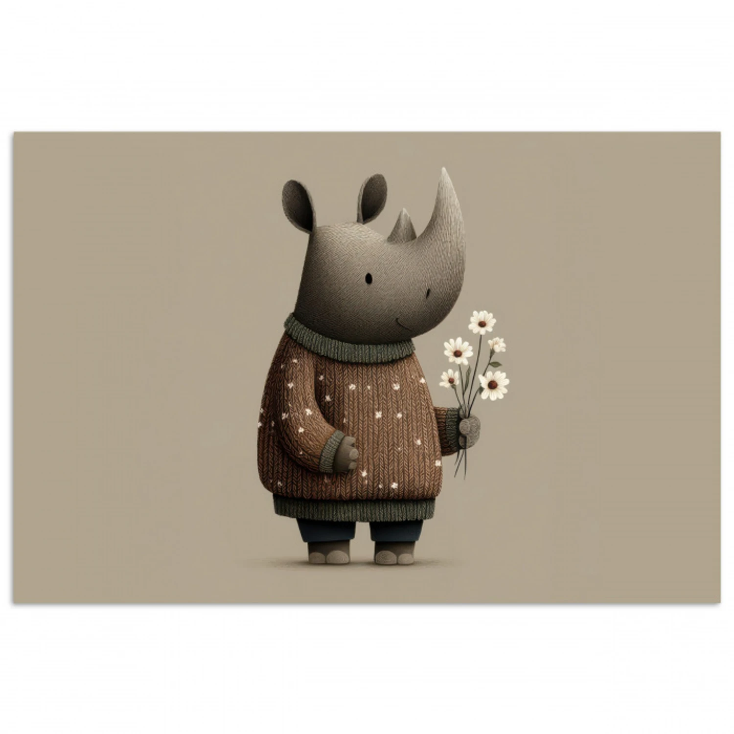 Neushoorn - Witte bloemen - Lief poster papier klein -3d