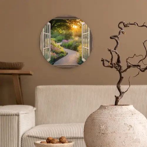 Doorkijk - Bloemen - Natuur - Zon - Pad Wandcirkel kunststof plaat 5mm dik klein -sfeer1